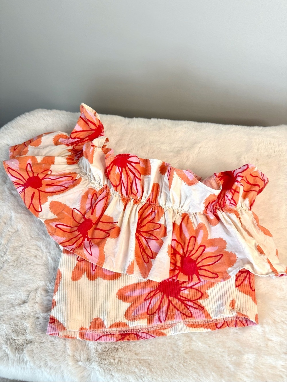 ZARA Floral One Shoulder Cropped Ruffle Top - White with Orange & Red Flowers
